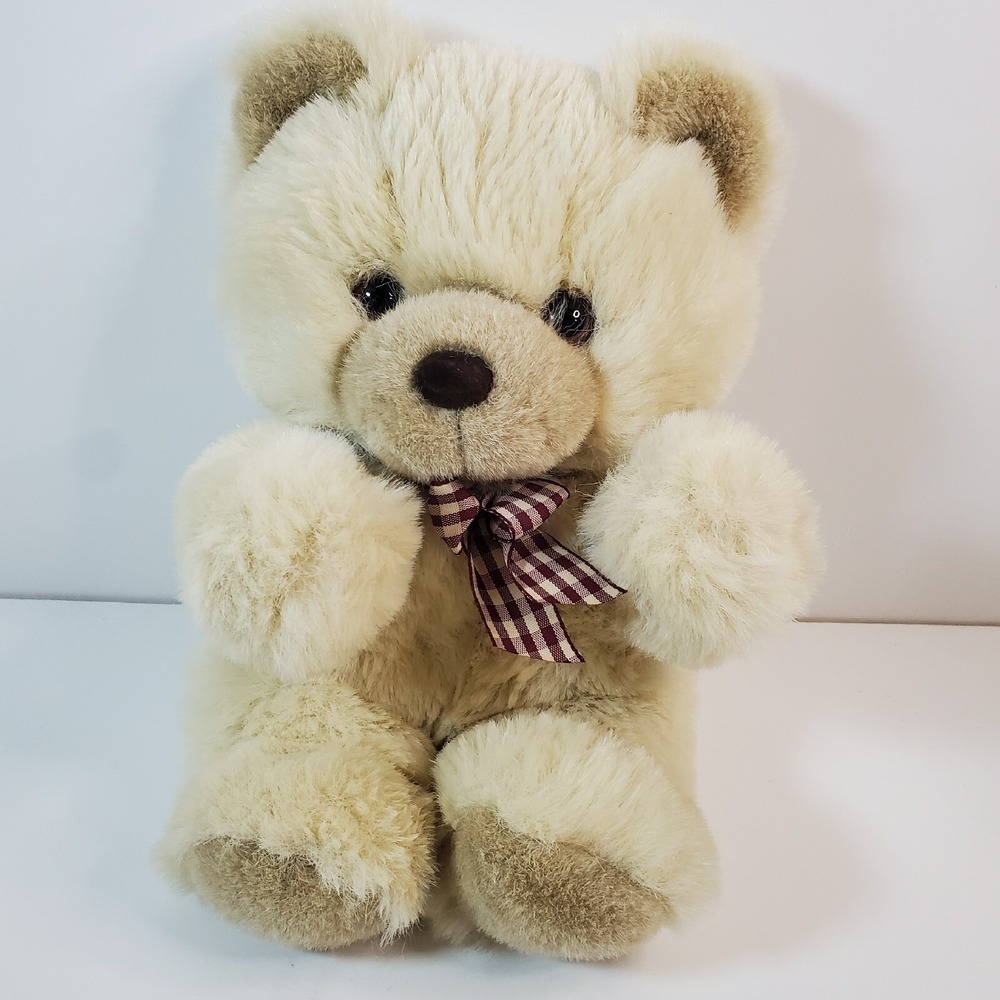 A & A Plush Teddy Bear Tan with Plaid Bow Fluffy Stuffed Animal 10 in